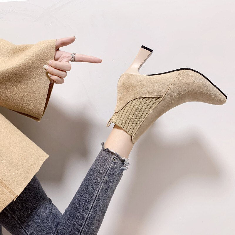 swvws Autumn Winter Women Boots Elastic Ankle Boots Pointed Toe Thick Heel High Heels Shoes Woman Female Plus Fleece Warm Socks Boots