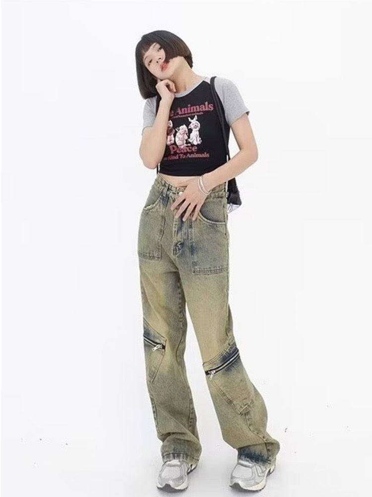 swvws Vintage Street Deconstructed Design Sense Jeans Yellow Mud Dyed Old Vintage Straight Tube Loose Wide Leg Pants Women's Jeans