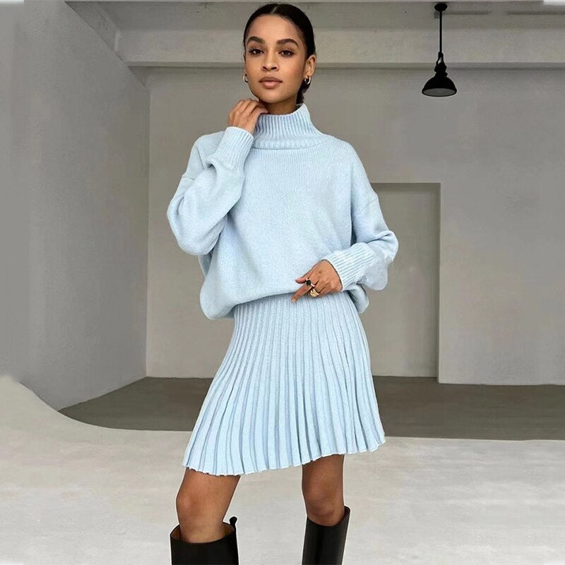 swvws Autumn Knitted Skirts Sets Women Mini Pleated Skirt Long Sleeve Slim Crop Pullover Lady 2 Pieces Set  Casual Female Suits