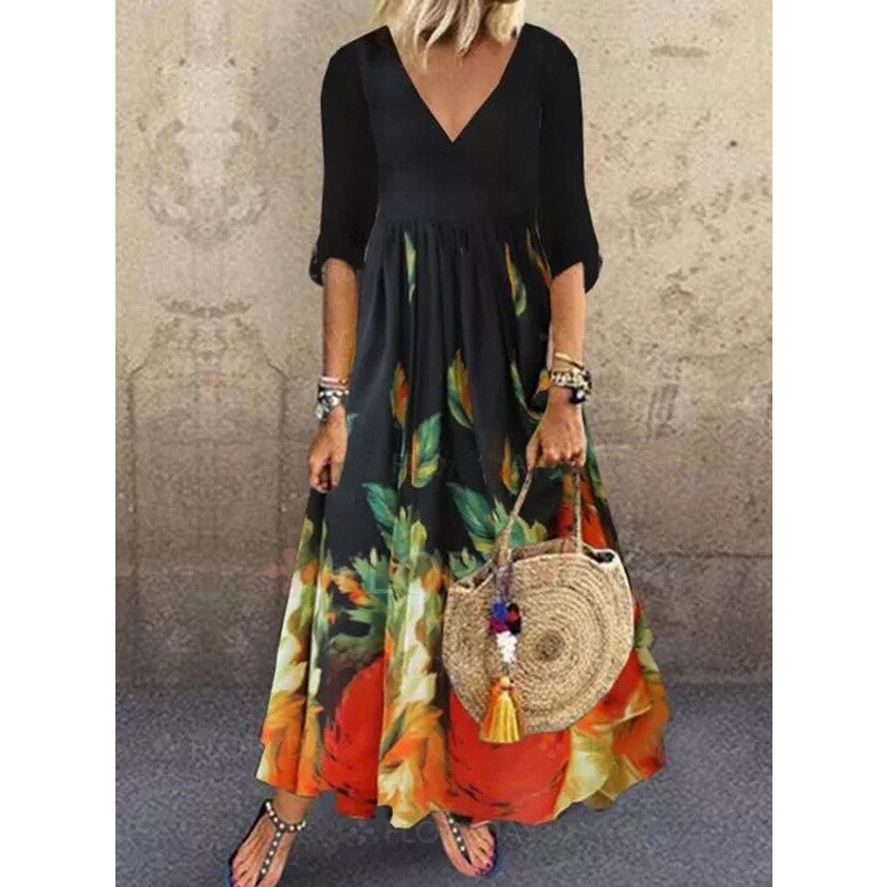 swvws Sukienki Midi Airycloth Printed Dress  New Ladies Elegant V Neck Half Sleeve Loose A-Line Dress Summer Party Dresses