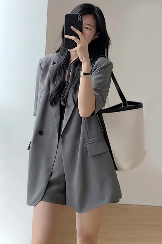 swvws  Summer Retro Korean Version of the Temperament Short-sleeved Suit Jacket + Shorts Set Casual Loose Suit Two-piece Female