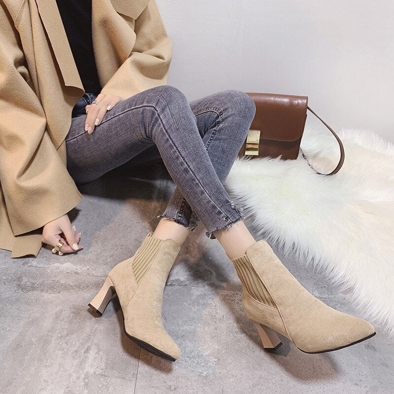 swvws Autumn Winter Women Boots Elastic Ankle Boots Pointed Toe Thick Heel High Heels Shoes Woman Female Plus Fleece Warm Socks Boots