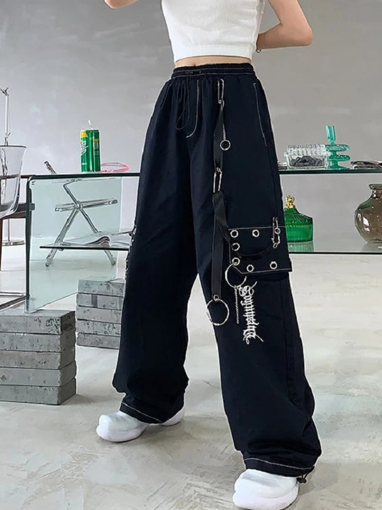 swvws Gothic Harajuku Black Cargo Pants Women Chain Wide Leg Goth Hippie Streetwear White Trousers Loose Female Baggy Fashion