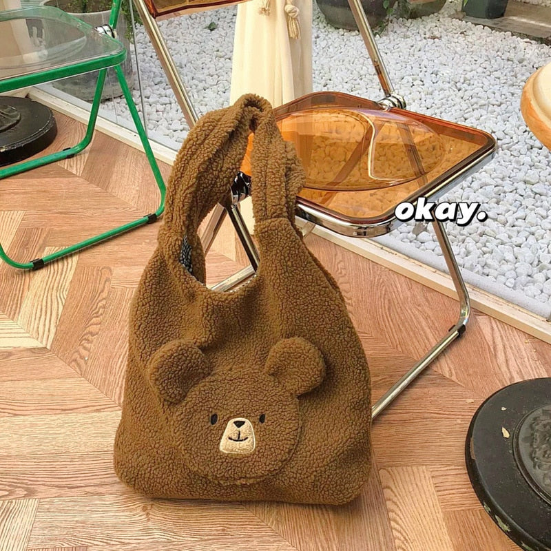 swvws Soft Plush Tote Bag Women 3D Cartoon Bear Print Kawaii Shoulder Bag For Women Imitation Lamb Hair Warm Winter Handbags Big Bag