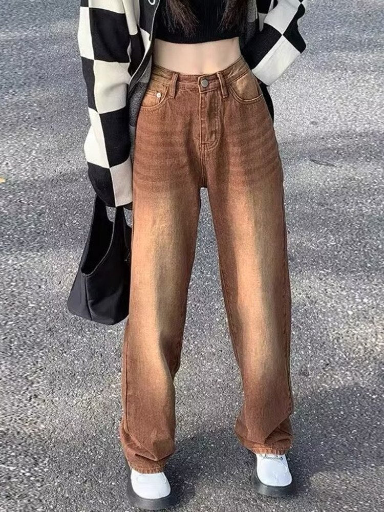 swvws European And American Retro Brown Jeans Women's Spring And Autumn High-waisted Straight-leg Loose And Thin Wide-leg Pants