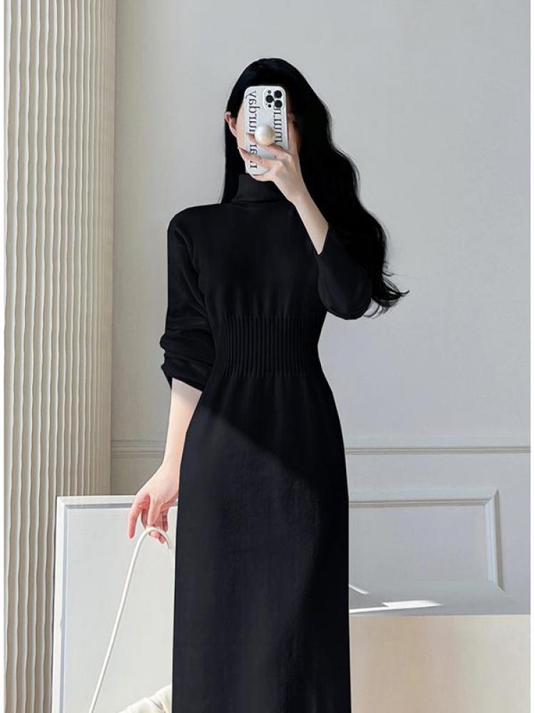 swvws Korean White Fashions High Neck Knitted Warm Sweater Dress Autumn Winter Female Black Classy Retro Slim Waist Long Dress Simple