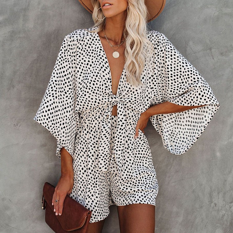 swvws Foridol Leopard Print Bowknot Wide Leg Romper Overalls  Casual Loose Summer V Neck Playsuits Short Jumpsuits Pockets