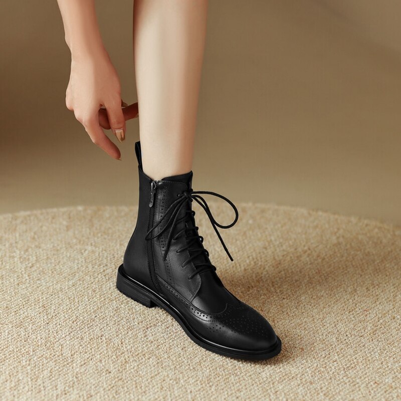 swvws  fashion inspo    NEW Fall Shoes Women Round Toe Low Heel Shoes Winter Solid Genuine Leather Boots Women Hollow Brogues Ankle Boots Chelsea Boots