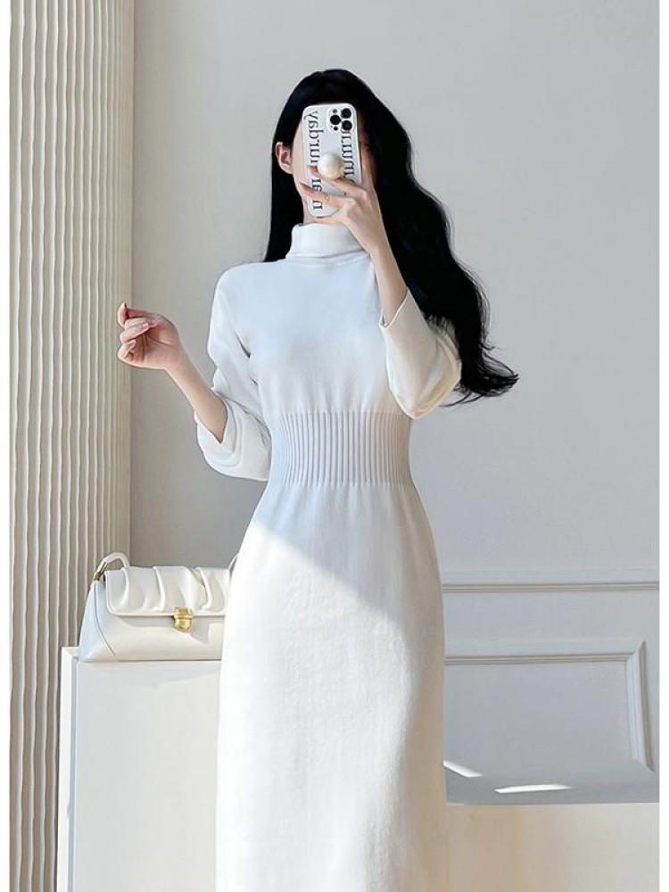 swvws Korean White Fashions High Neck Knitted Warm Sweater Dress Autumn Winter Female Black Classy Retro Slim Waist Long Dress Simple