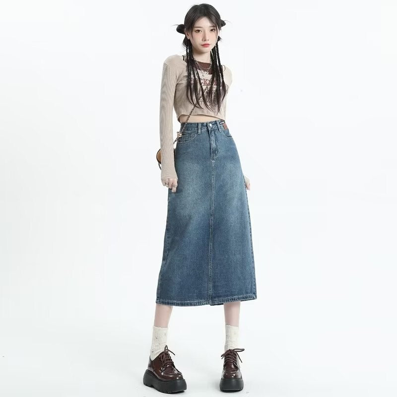 swvws Retro Denim Skirt For Women Spring And Autumn New Summer Mid Length Slim A-line Split Long Skirt Skirt