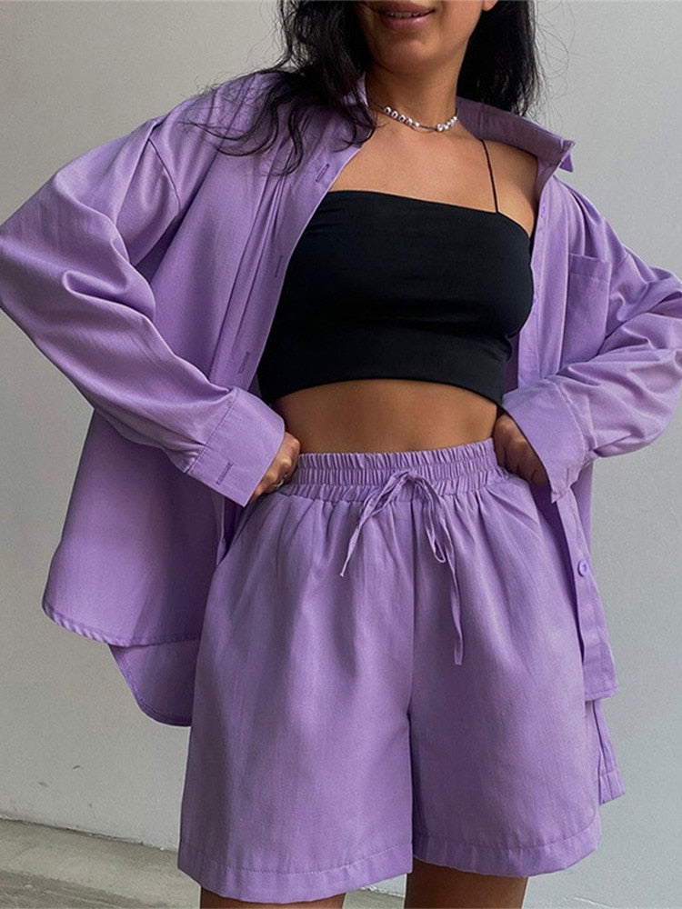 swvws Back To School Casual Matching Set Tracksuit Women Long Sleeve Oversized Shirt Tops And Mini Shorts Two Piece Set Summer Lounge Wear