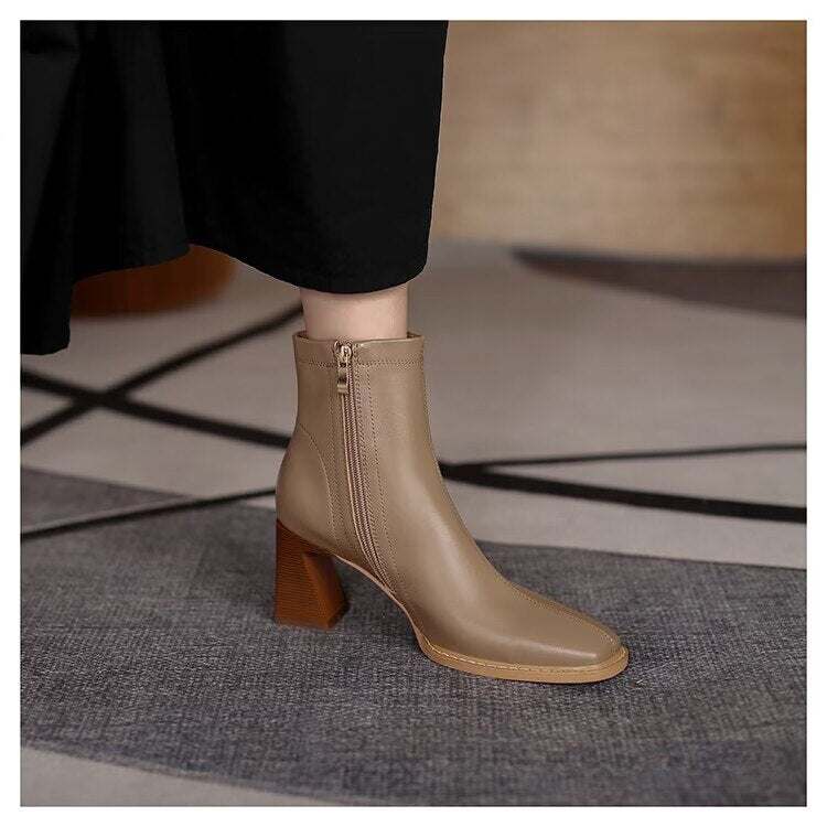 swvws Ankle Boots for Women Square Toe Fashion Shoes Autumn Winter Short Boots Zipper Square Heels Comfortable Lady Shoes