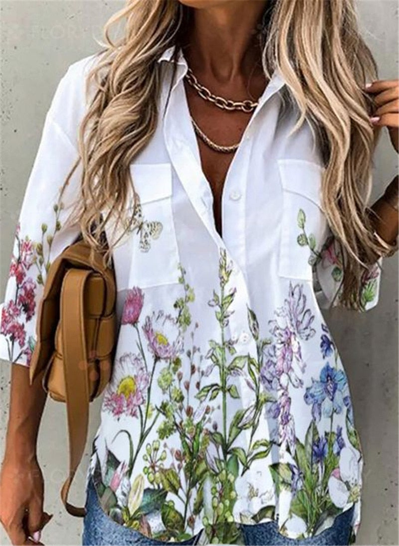 swvws New Women Shirts Summer Casual Loose Half Sleeve Button Floral Print Shirt Top Female Fashion Elegant Cardigan Blouses Plus Size