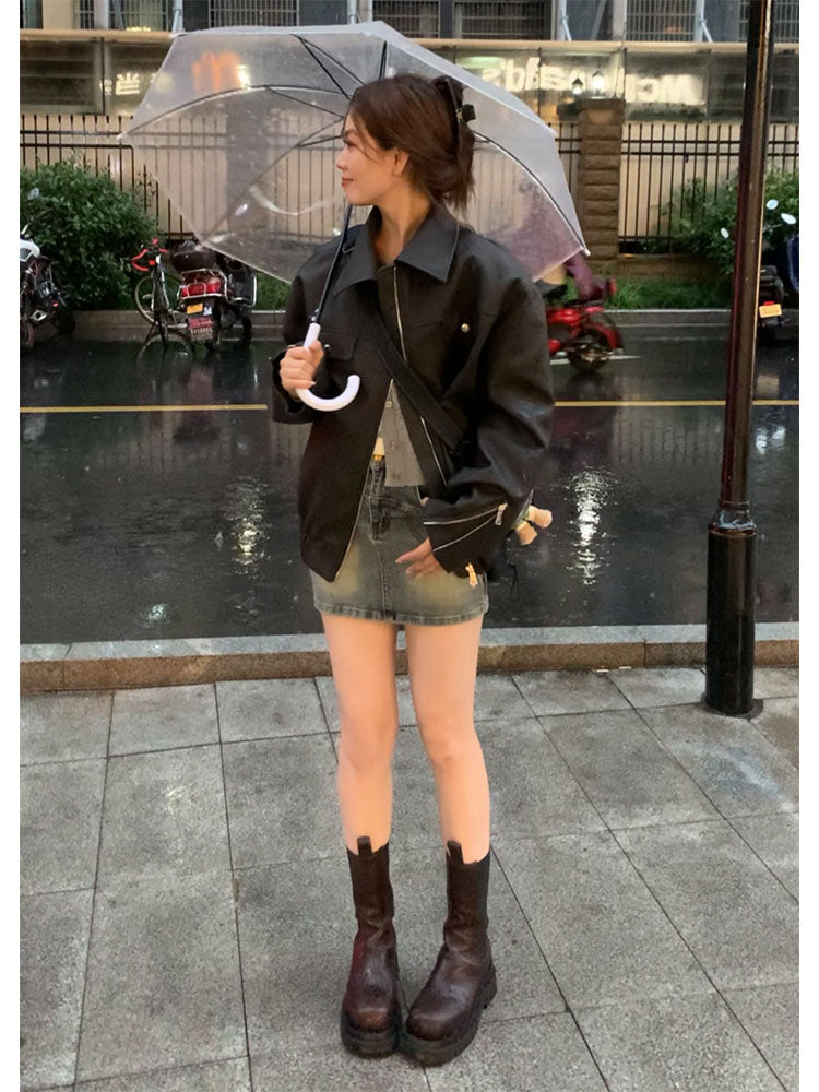 swvws  Autumn Vintage Leather Jackets Women Outwear Casual Long Sleeve Loose Korean Coats Office Lady Y2k Clothing Chic