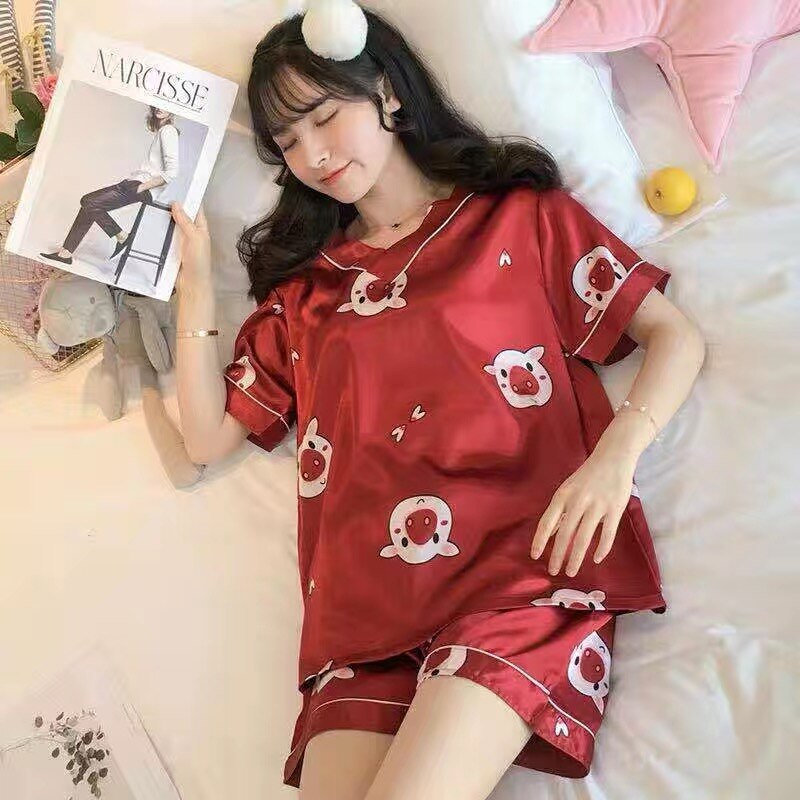 swvws Pajamas Women's Summer Silk V-Neck Short-Sleeved Two-Piece Suit Students Sweet And Cute Ice Silk Home Clothes Women