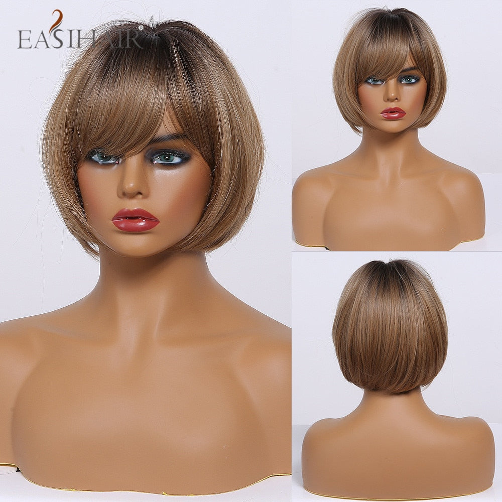 swvws  Short Hair Wig With Bangs Pixie Cut Ombre Black Ash Light Blonde Synthetic Wigs For Women Cosplay Wigs Heat Resistant