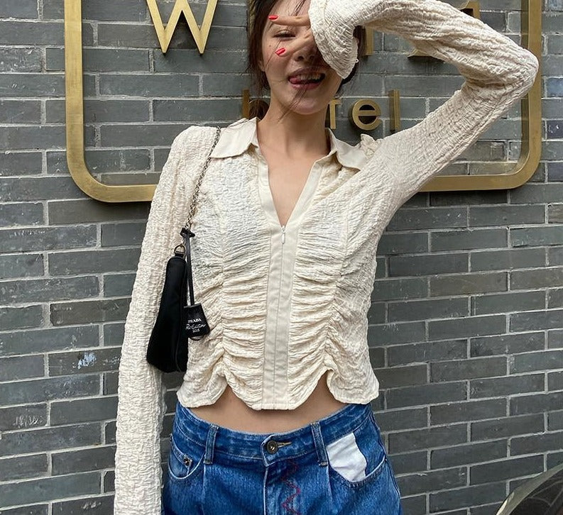 swvws Ruched Crop Top Shirt Korean Blouse Women Long Sleeve Zipper Up Collared Beige Tunics Ladies Top Spring  Fashion