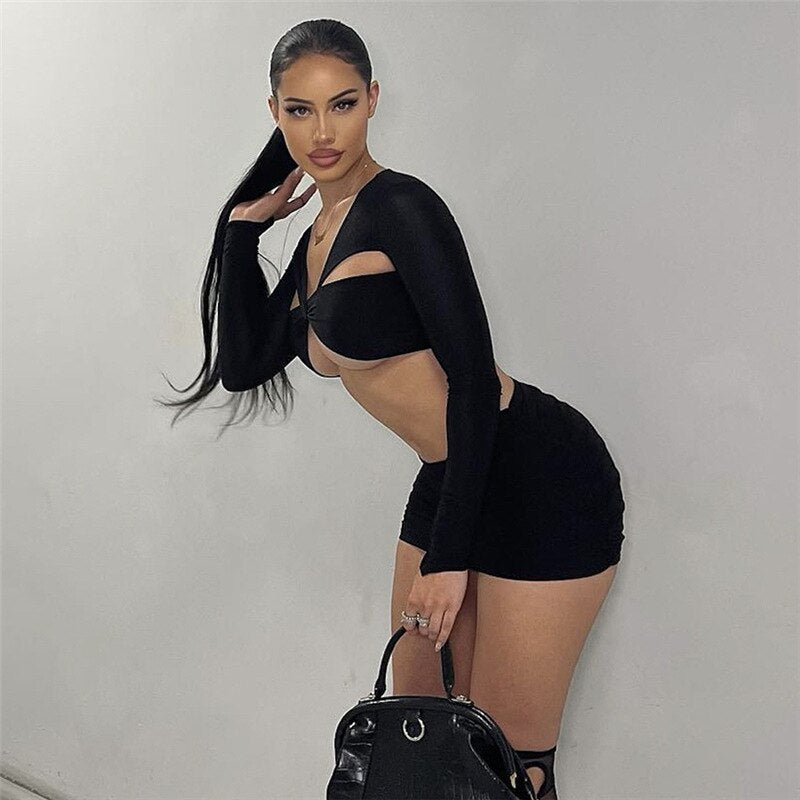 swvws Women Sexy Y2K Clothes Hollow Out 2 Pieces Long Sleeve Crop Top Bodycon Mini Skirt Matching Set Club Streetwear Outfits