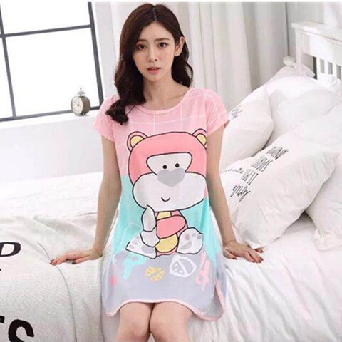 swvws Summer Cartoon Nightdress Ladies Milk Silk Double-Sided Printing Cute Nightdress Women's Nightgown Sleepwear Night Wear