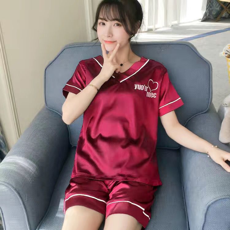 swvws Women's Summer Thin Ice Silk Pajamas Short-Sleeved Korean Version Cute Silk Student Cartoon Home Clothes Two-Piece Suit