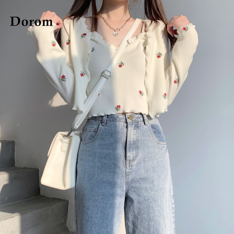 swvws Vintage Sweet Embroidery Knitted Set Women Korean Style Slim Long Sleeven Cardigan+Kawaii Sling Crop Top Harajuku Two Piece Suit