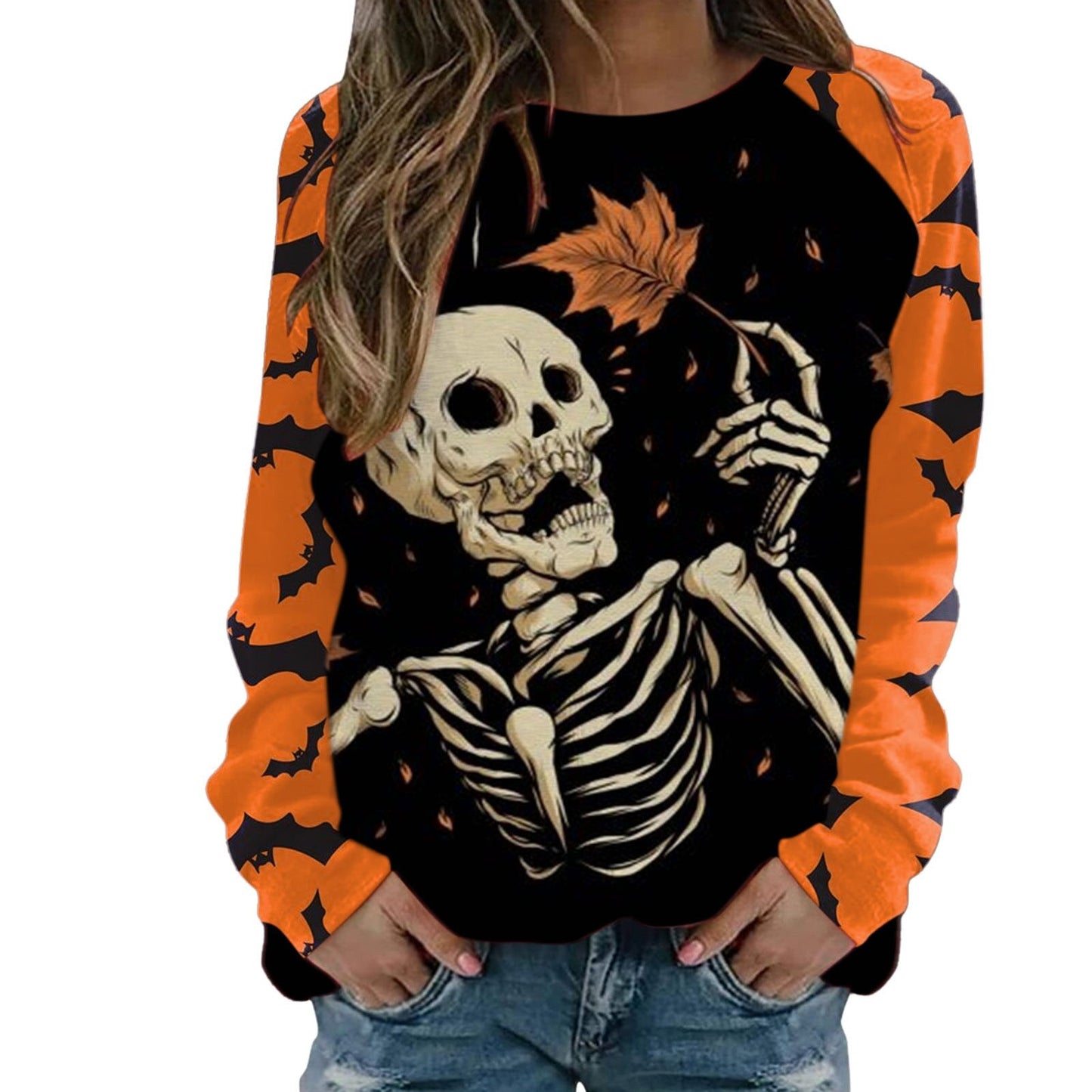 swvws Halloween Hoodies Womens Halloween Pumpkin Skull Long Sleeve Sweatshirt Lightweight Casual Pullover Top Halloween Sweatshirts Moletom Feminino