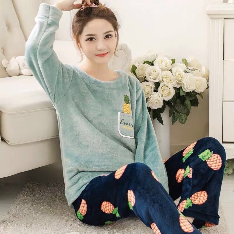 swvws Winter Warm Flannel Women Pyjamas Sets Thick Coral Velvet Long Sleeve Cartoon Sleepwear Thin Flannel Pajamas Set Sleep Wear