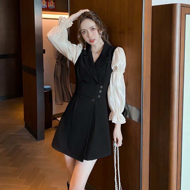 swvws Korean Black Patchwork Short Dresses Women  Autumn New Fashion Slim Office Lady Notched Collar Long Sleeves Female Clothing