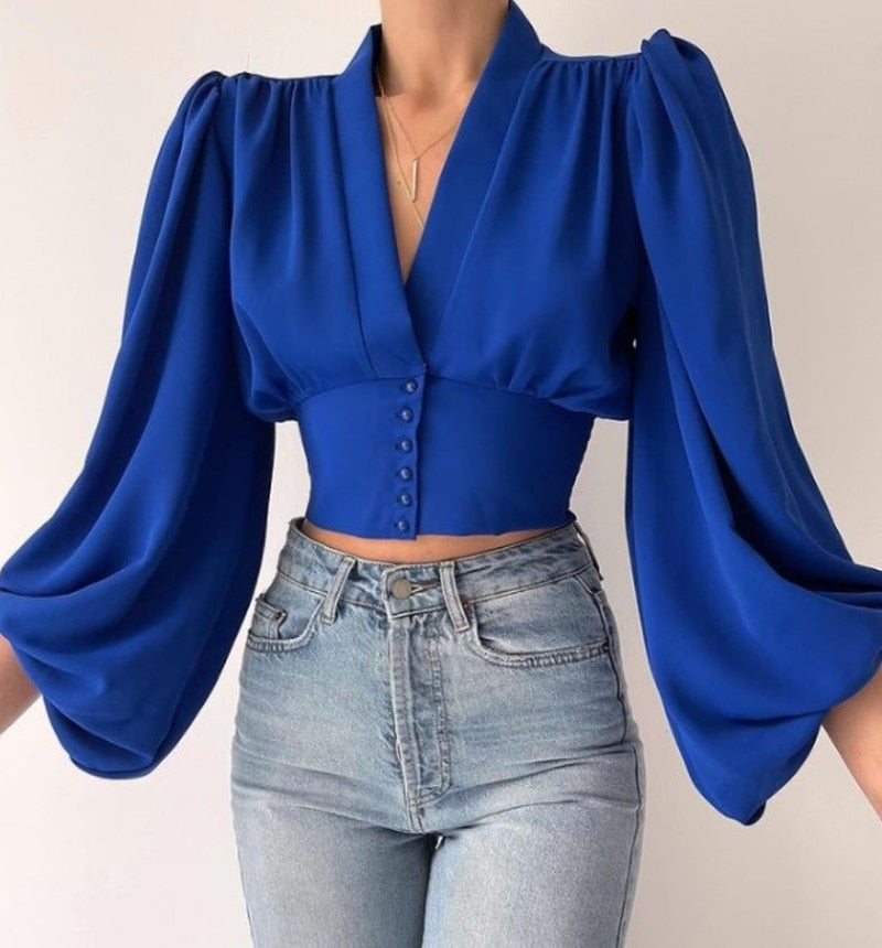 swvws Sexy Keyhole Halter Long-Sleeved Blouse Elegant High Collar Ruffled Solid Shirt Streetwear Ladies Casual Top  New Solid