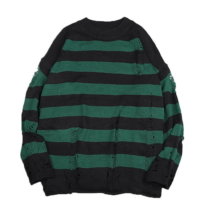 swvws Y2K Striped Sweaters Washed Destroyed Ripped Sweater Couple Hole Knit Jumpers Tops Unisex Oversized Pullovers Harajuku Su茅teres