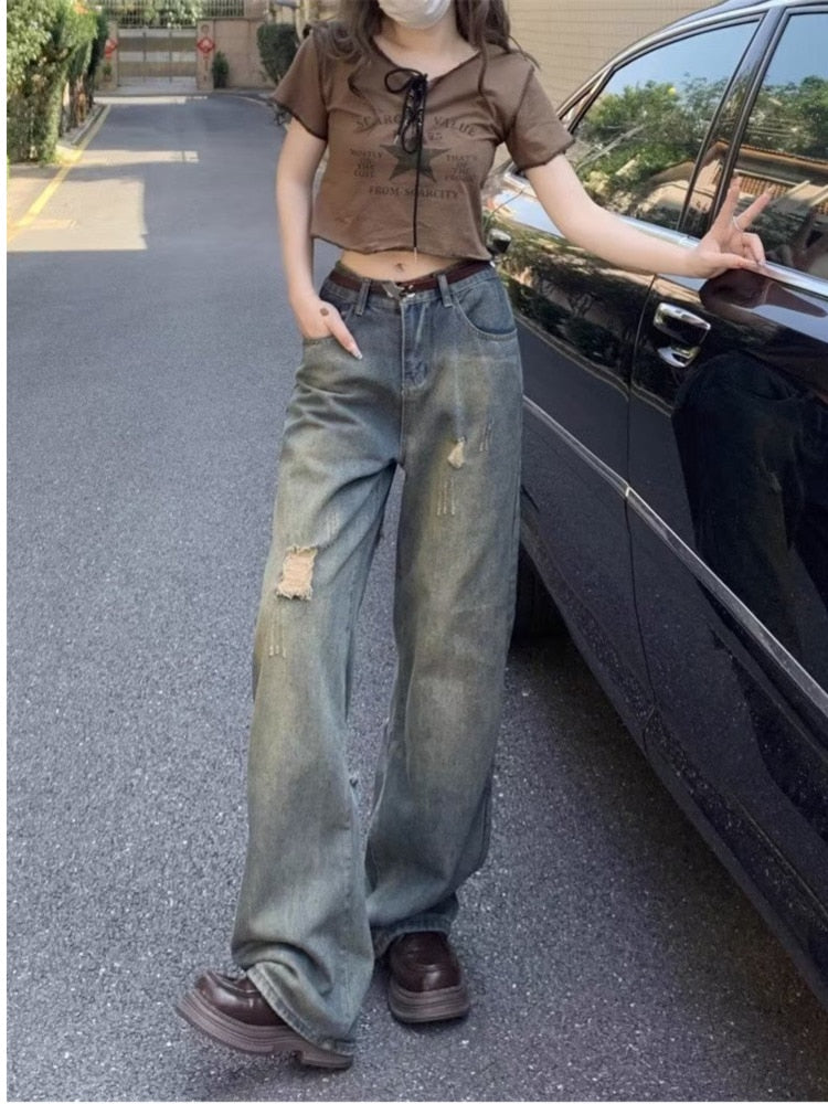 swvws Perforated Jeans, Summer Loose Straight Leg Wide Leg Pants, Niche Stitching, Old Beggar Pants, Women's Jeans