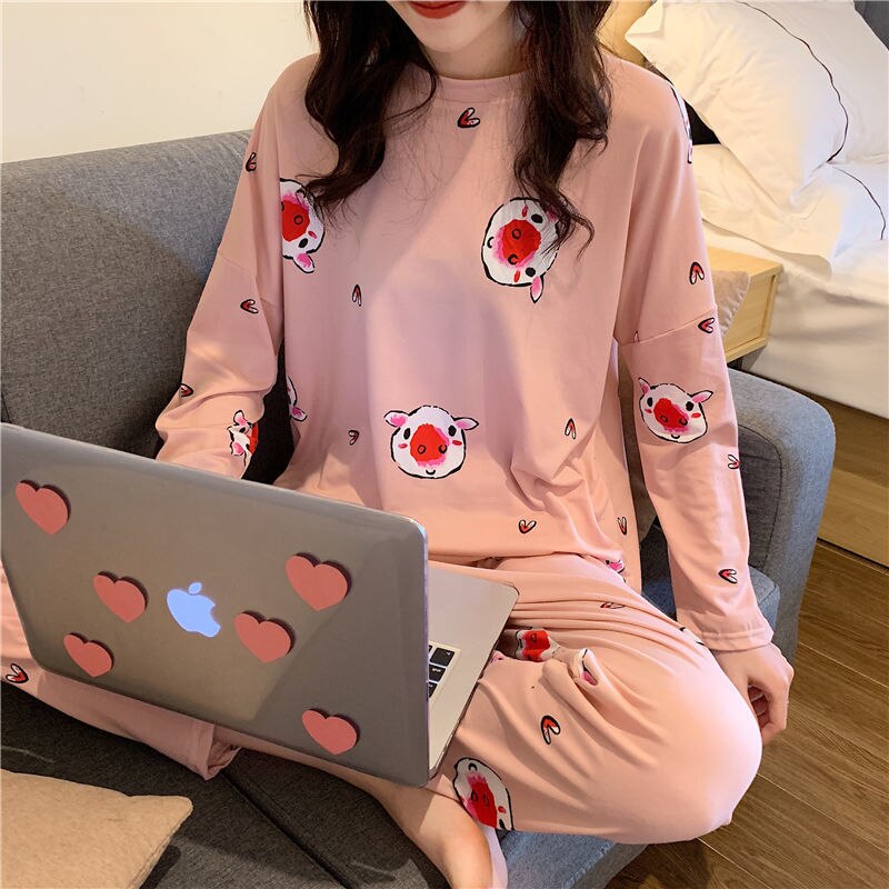 swvws Spring And Autumn Pajamas Women's Long-Sleeved Trousers Two-Piece Set Of Milk Silk Thin Section Breathable Student Home Clothes