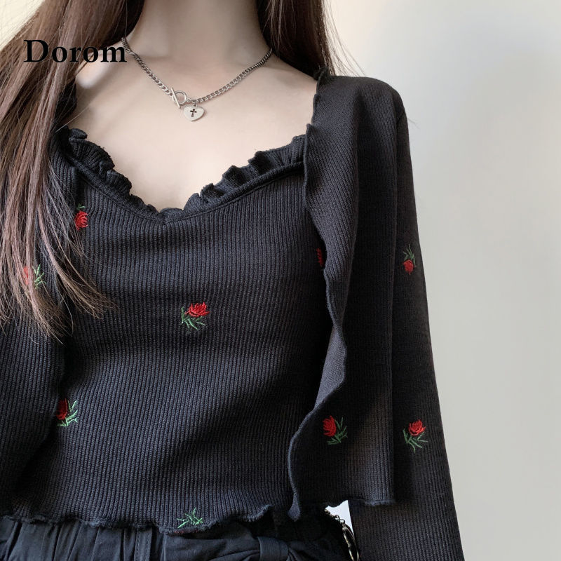 swvws Vintage Sweet Embroidery Knitted Set Women Korean Style Slim Long Sleeven Cardigan+Kawaii Sling Crop Top Harajuku Two Piece Suit