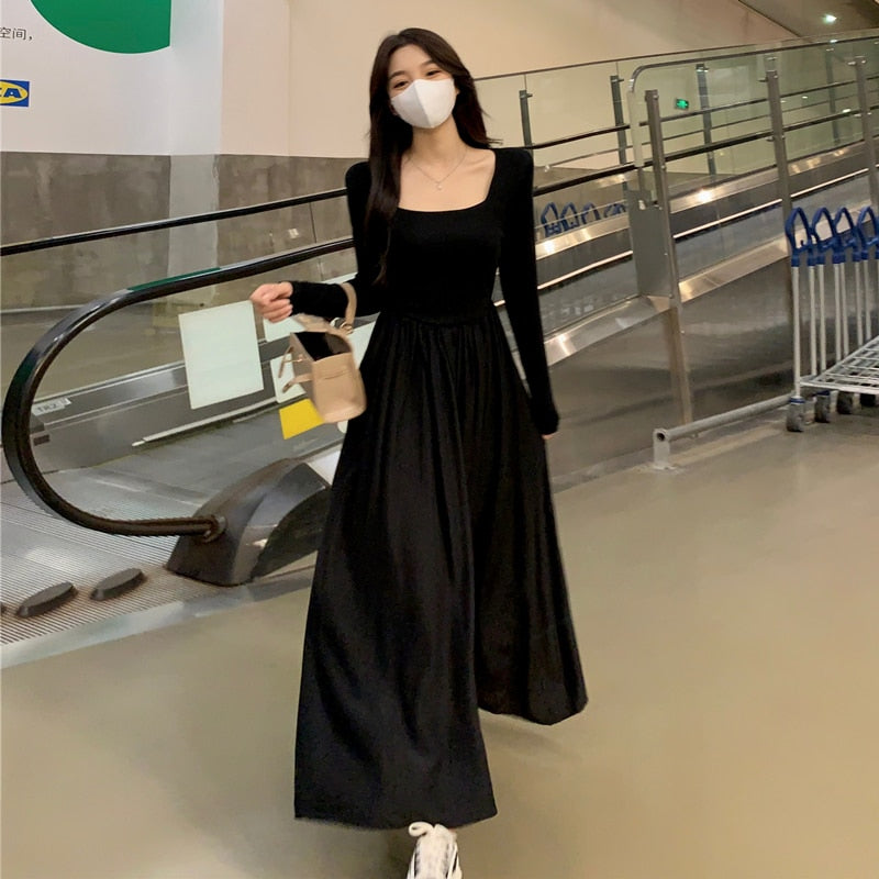 swvws Spring  New Hepburn Style Gentle Temperament Pocket Waist Slim Panel Large Hemline Long Sleeve Dress