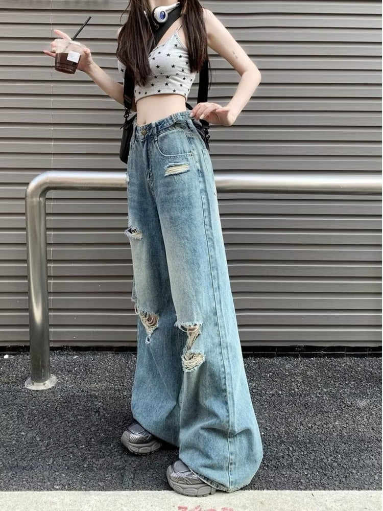 swvws Vintage Pants, Jeans, Women's Torn Wide Leg Pants, Summer High Waisted, Slimming, Loose Fitting Long Pants, Women's Jeans