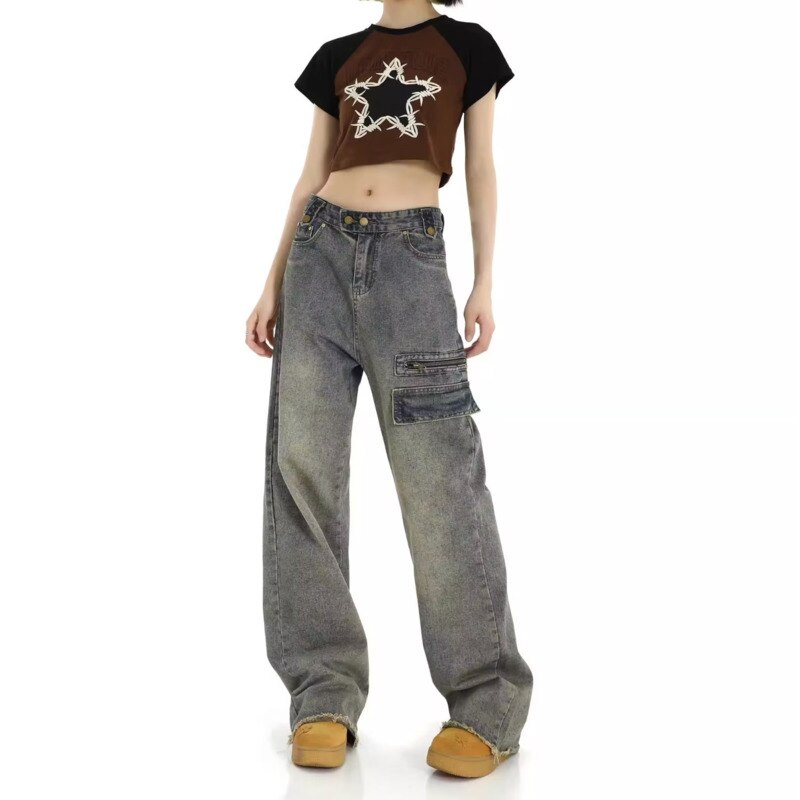 swvws Hong Kong Style Retro High Waisted Workwear Jeans, Women's Summer New Unique Design, Straight Pocket, Floor Long Pants