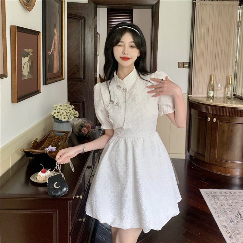 swvws New Chinese Fashion Cheongsam Mini Doll Dress Stand Collar Puff Sleeve Little Ball Gown Dress Small Girl Black White Party Dress