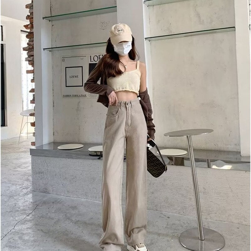 swvws European And American Gentle Style Dirty Pink Ruffled Jeans, Women's Loose And Trendy Straight Tube Versatile Wide Leg Pants