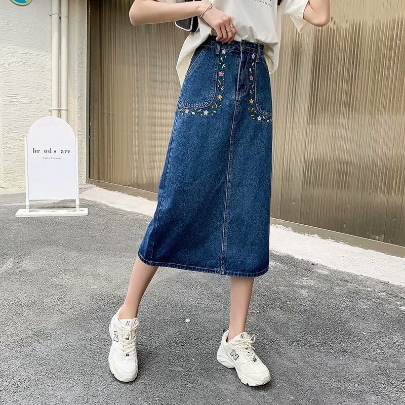 swvws  New Denim Skirt Women's Spring And Autumn Design Sense Mid-length High Waist Large Size Slim Embroidered Long Skirt