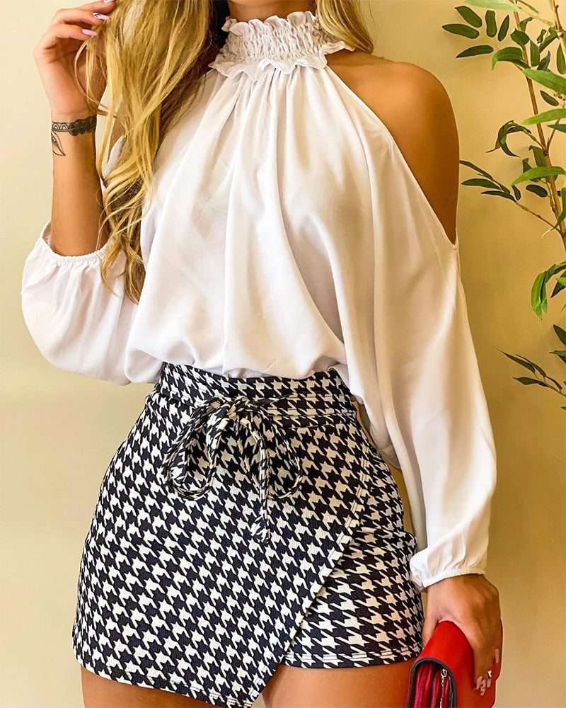 Back to School Fashion Women Two Piece Set Could Shoulder Long Sleeve  Top & Houndstooth Print Mini Skort Set