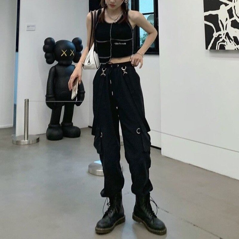 swvws Gothic Cargo Pants Women Harajuku Black High Waisted Hippie Streetwear Kpop Oversize Mall Goth Wide Trousers For Female