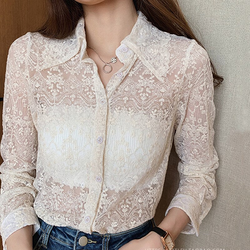 swvws Oversized Spring Lace Button Shirt New Fashion Chic Floral Embroidery White Blouse Women Long Sleeve Korean Ladies Tops 13125