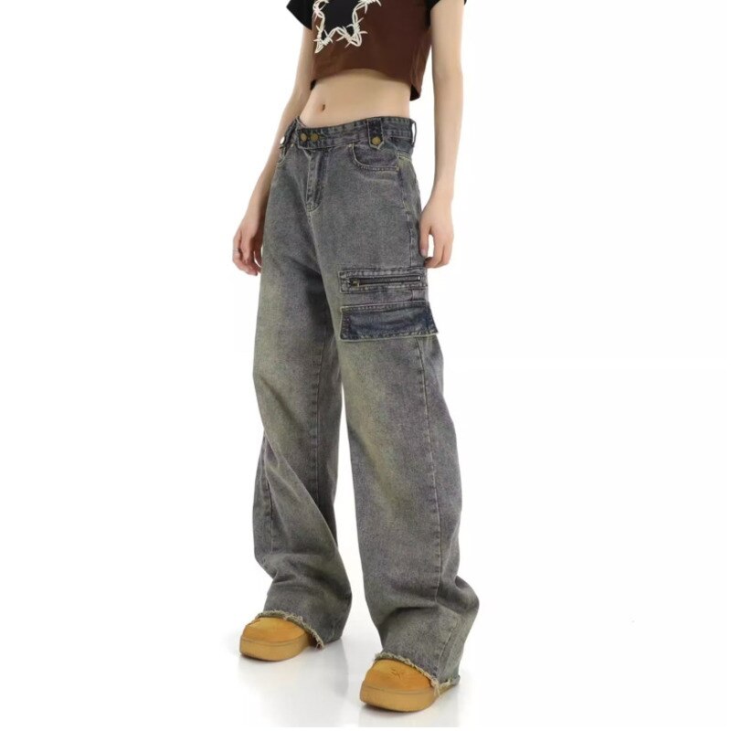 swvws Hong Kong Style Retro High Waisted Workwear Jeans, Women's Summer New Unique Design, Straight Pocket, Floor Long Pants