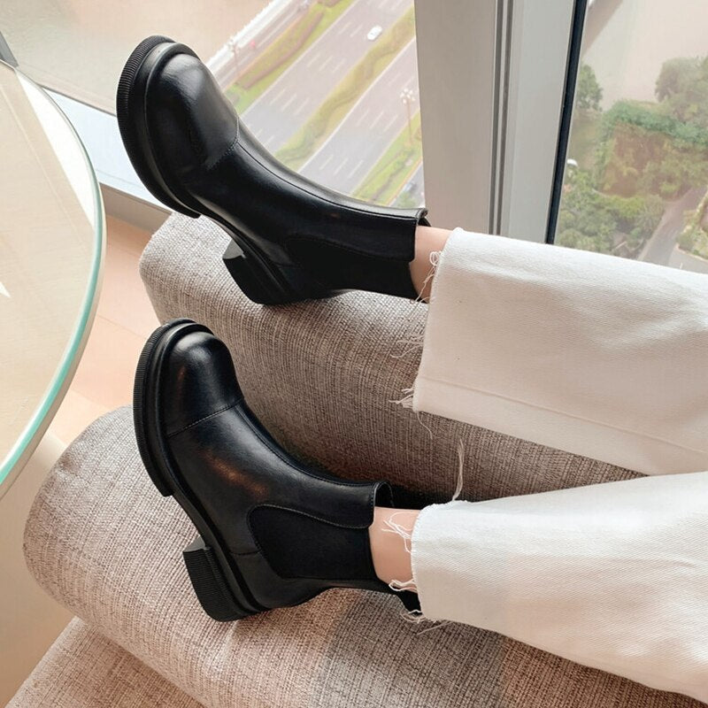 swvws Autumn Boots     NEW Fall/Winter Shoes Women Split Leather Ankle Boots Round Toe Chunky Shoes for Women Solid Chelsea Boots Leisure Black Boots