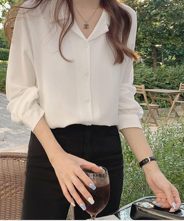 swvws  White Shirts Long Sleeve Single Breasted Button Elegant Office Lady V Neck Work Blouse Women Chic Korea Top