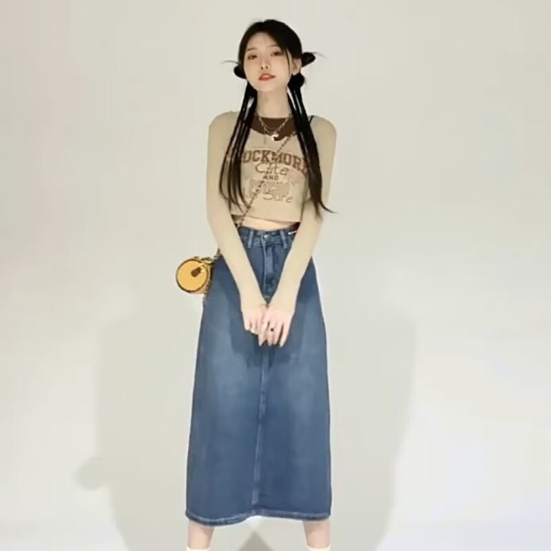 swvws Retro Denim Skirt For Women Spring And Autumn New Summer Mid Length Slim A-line Split Long Skirt Skirt