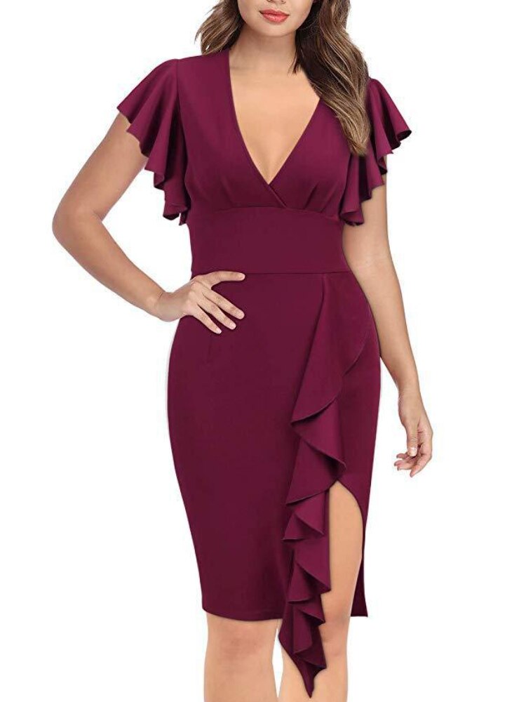 Spring and Summer New Dresses Deep V-neck Ruffle Sleeves Cocktail Dress Women's Dress Temperament Commuter Office All-match