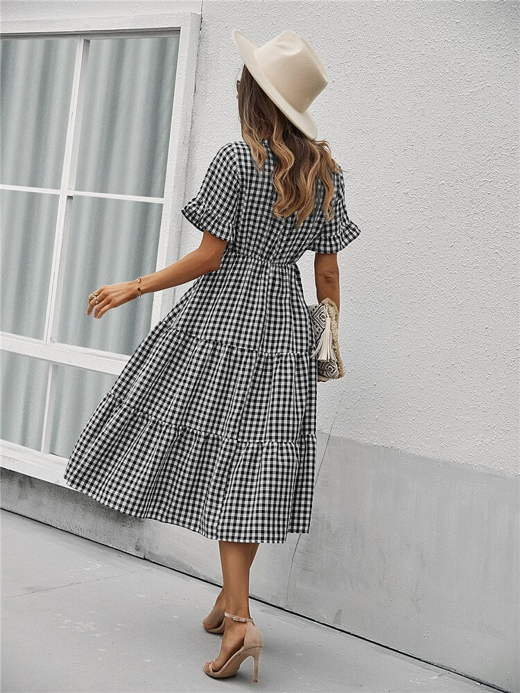 Spring Summer Plaid Casual Long Dress Women V Neck Slim High Waist Ladies New A Line Party Maxi Dress