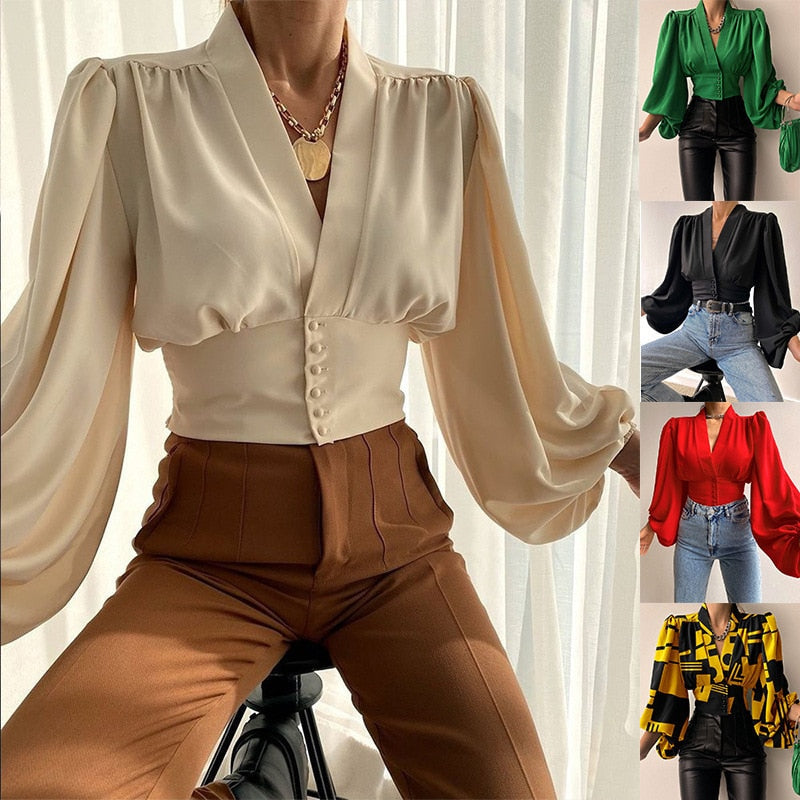 swvws Sexy Keyhole Halter Long-Sleeved Blouse Elegant High Collar Ruffled Solid Shirt Streetwear Ladies Casual Top  New Solid