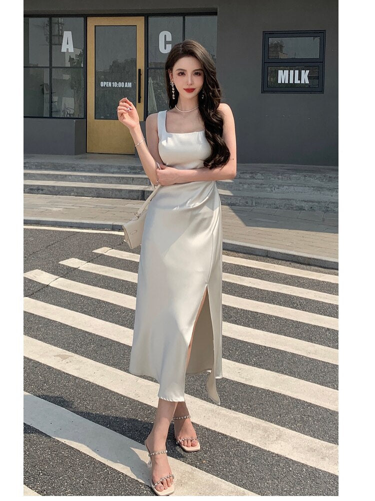 swvws Summer Fashion Women Elegant White Satin French Dress Sexy Square Collar Silk Long Bodycon Dress Wedding Cocktail Prom Dresses